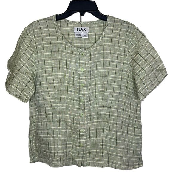 Flax Green/Yellow Short Sleeve Check 100% Linen Lagenlook Button Front Shirt - Picture 1 of 8